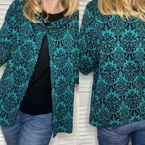 VTG one button cardigan sweater Paisley Pattern Print Jewel Tone Teal Blue
